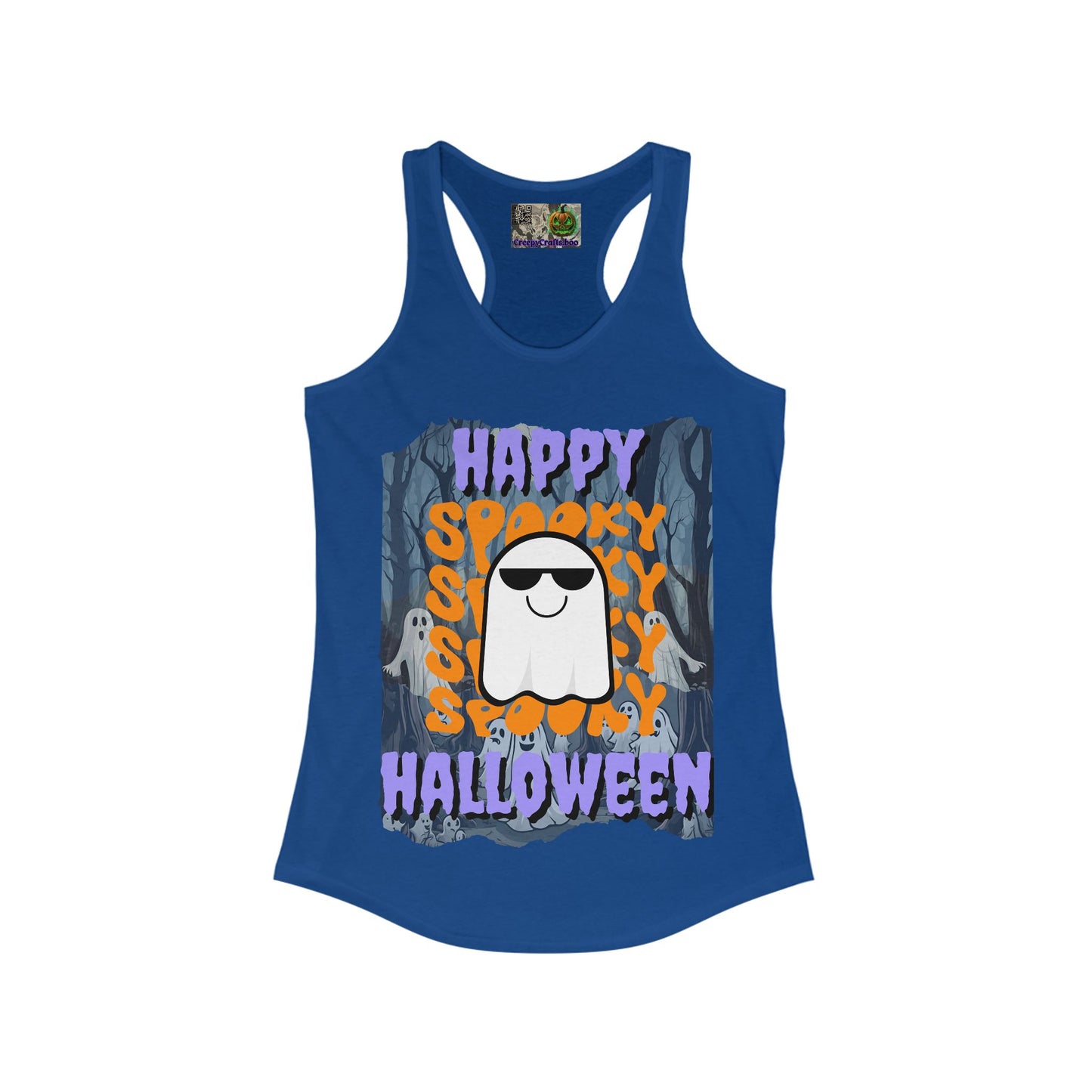 Spooky Happy Halloween Ghost Purple font Women's Racerback Tank Top by CreepyCrafts.boo