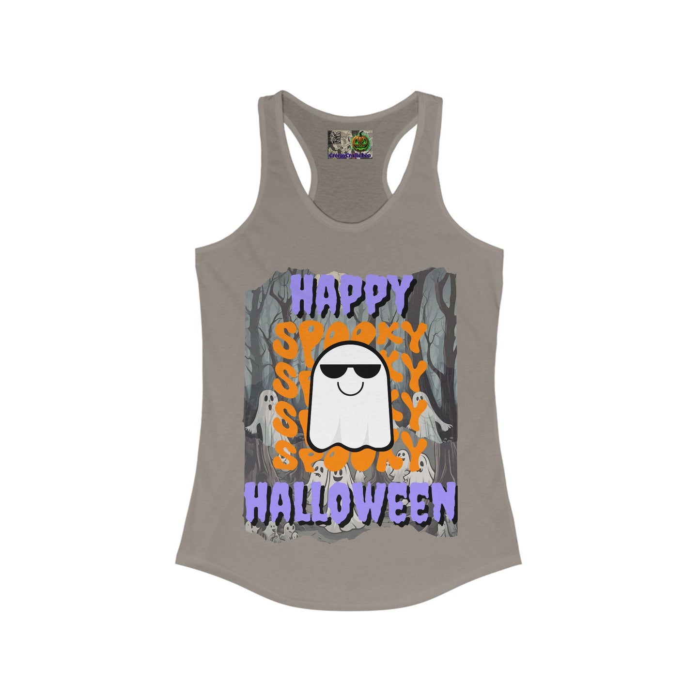 Spooky Happy Halloween Ghost Purple font Women's Racerback Tank Top by CreepyCrafts.boo