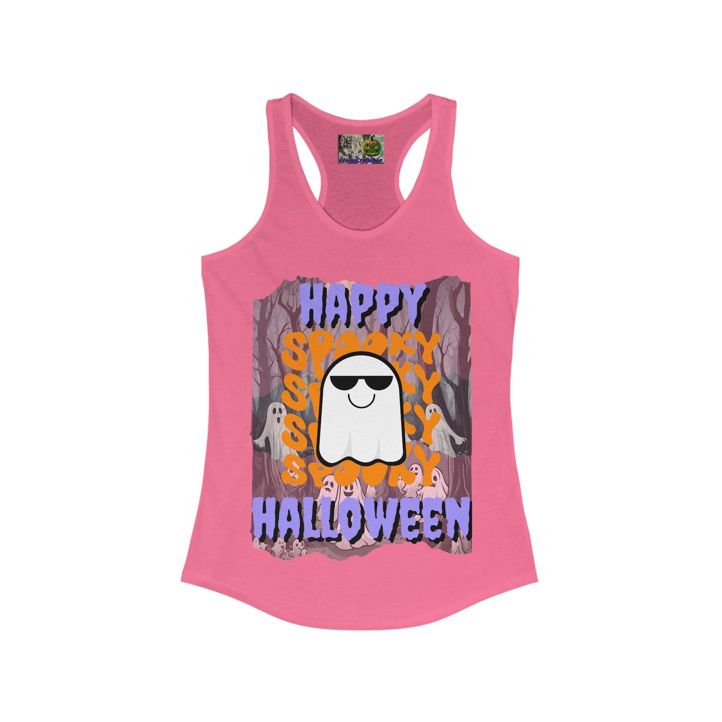 Spooky Happy Halloween Ghost Purple font Women's Racerback Tank Top by CreepyCrafts.boo
