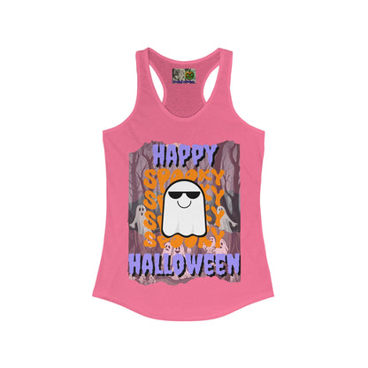 Spooky Happy Halloween Ghost Purple font Women's Racerback Tank Top by CreepyCrafts.boo