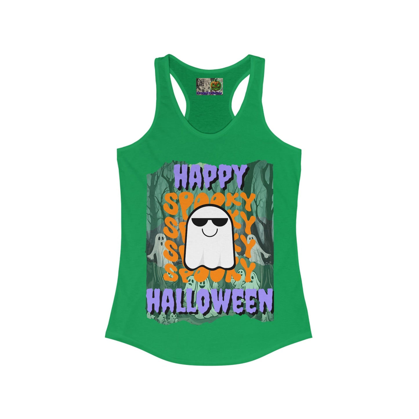Spooky Happy Halloween Ghost Purple font Women's Racerback Tank Top by CreepyCrafts.boo