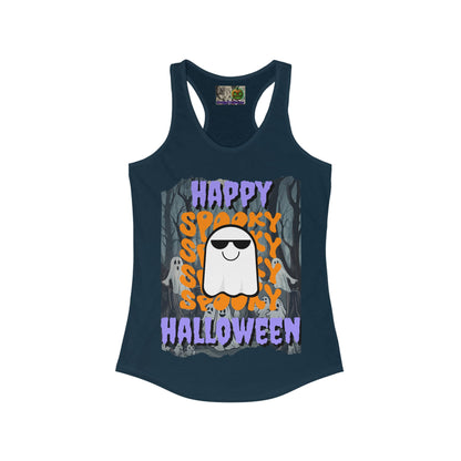 Spooky Happy Halloween Ghost Purple font Women's Racerback Tank Top by CreepyCrafts.boo