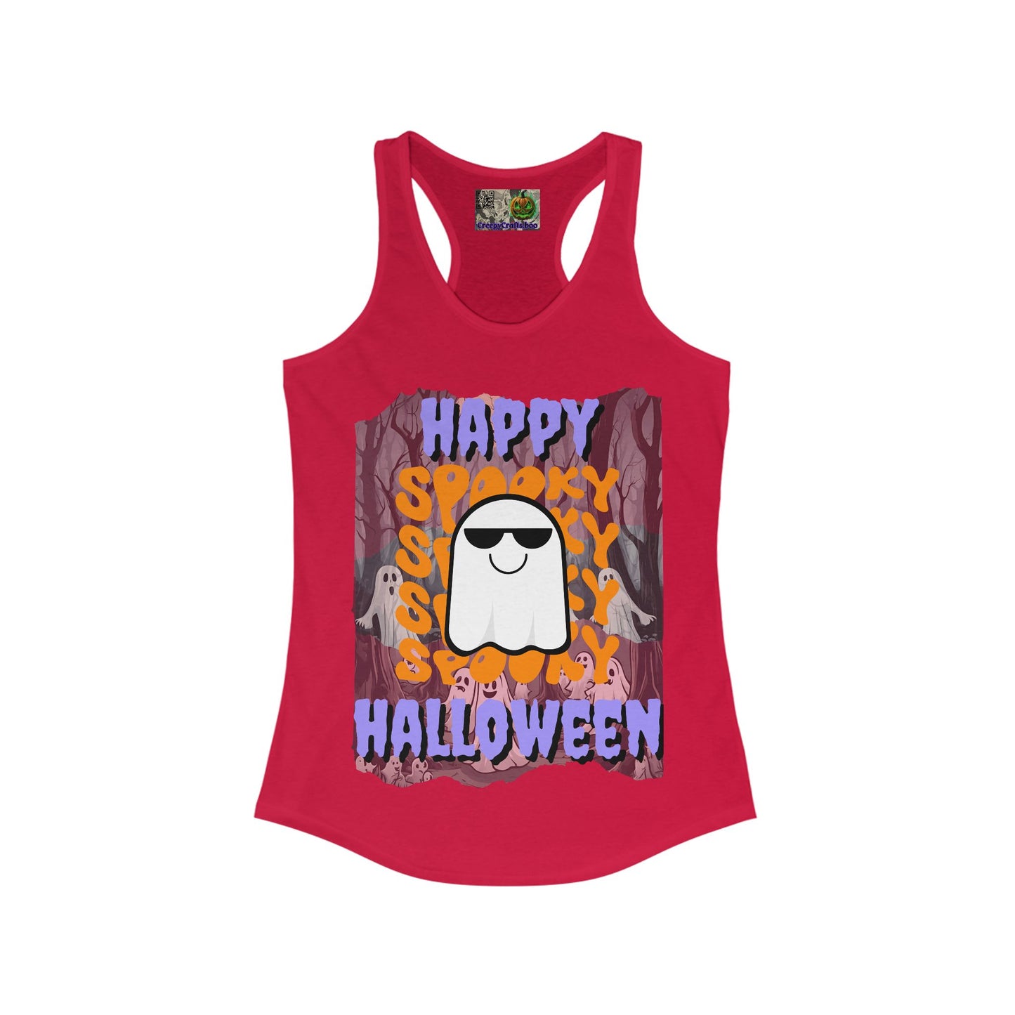 Spooky Happy Halloween Ghost Purple font Women's Racerback Tank Top by CreepyCrafts.boo