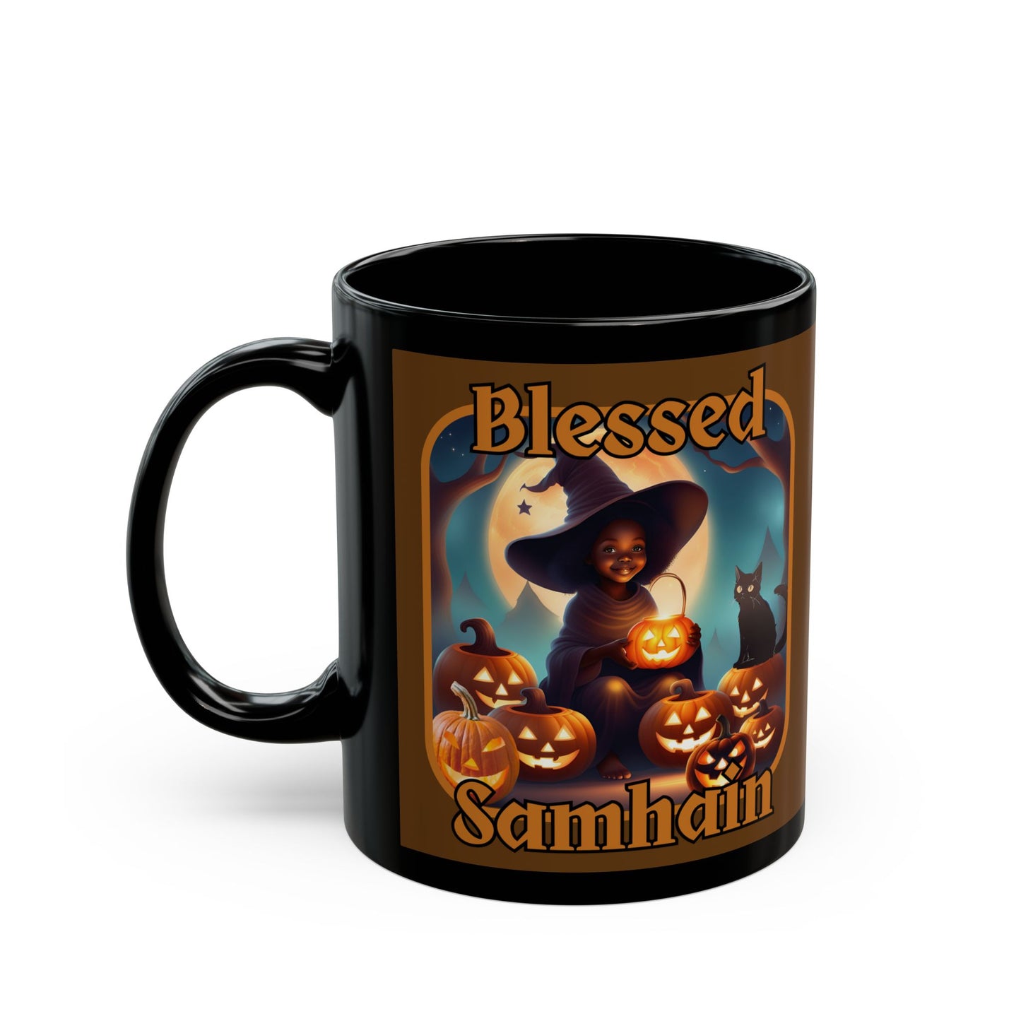 Blessed Samhain Cute Witch Orange font Brown Mug by CreepyCrafts.boo