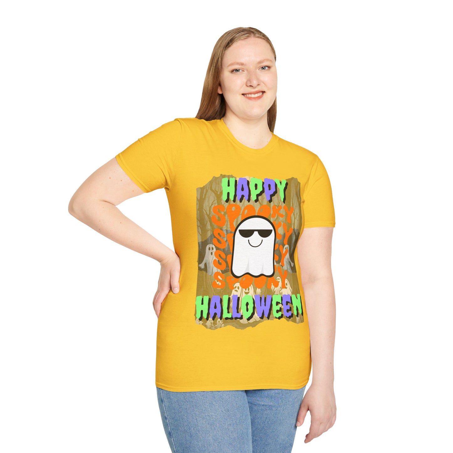 Spooky Happy Halloween Ghost Light colors Mixed font Unisex T-Shirt by CreepyCrafts.boo