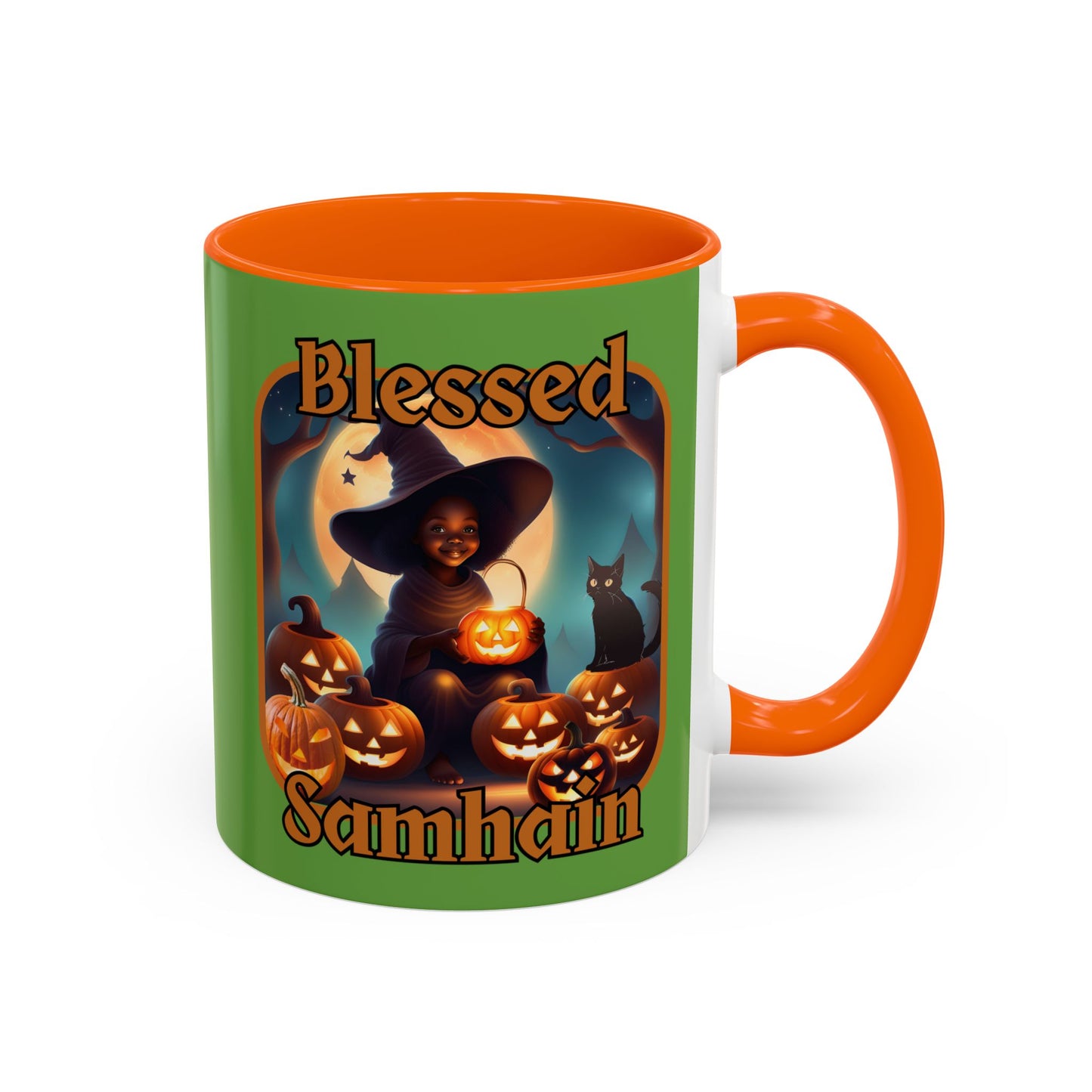 Blessed Samhain Cute Witch Orange font Green Accent Mug by CreepyCrafts.boo