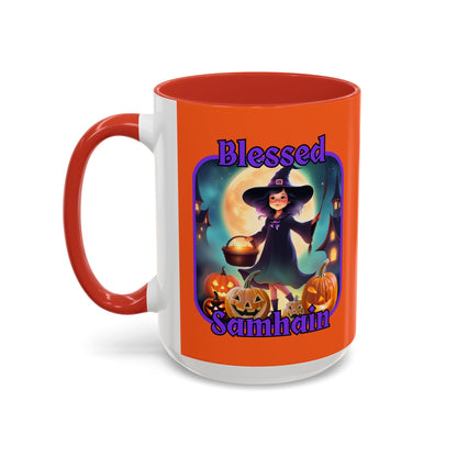 Blessed Samhain Little Witch Purple font Orange Accent Mug by CreepyCrafts.boo