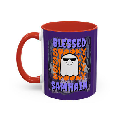 Spooky Blessed Samhain Ghost Purple font Accent Mug by CreepyCrafts.boo