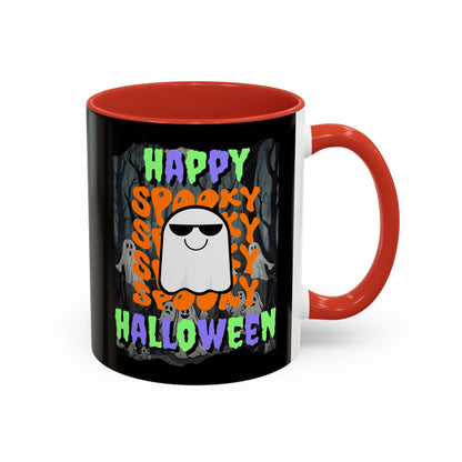 Spooky Happy Halloween Ghost Mixed font Black Accent Mug by CreepyCrafts.boo