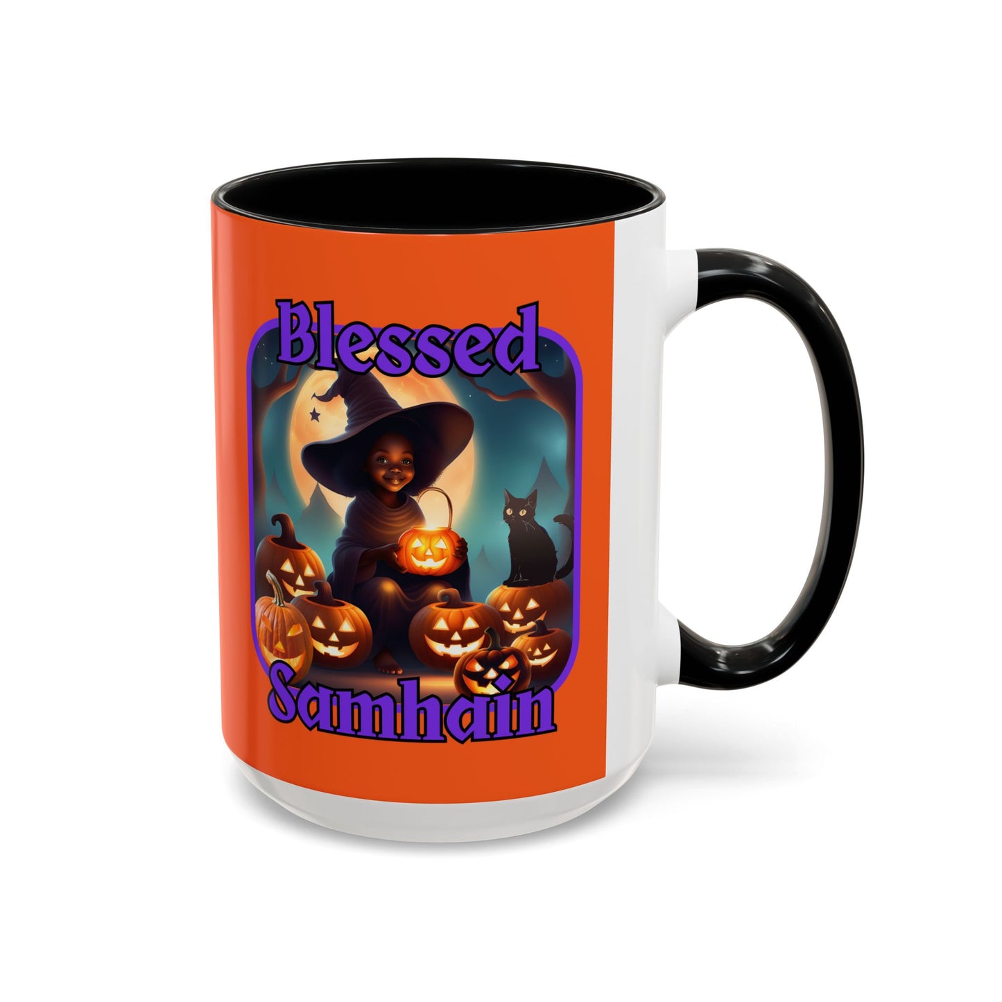 Blessed Samhain Cute Witch Purple font Orange Accent Mug by CreepyCrafts.boo