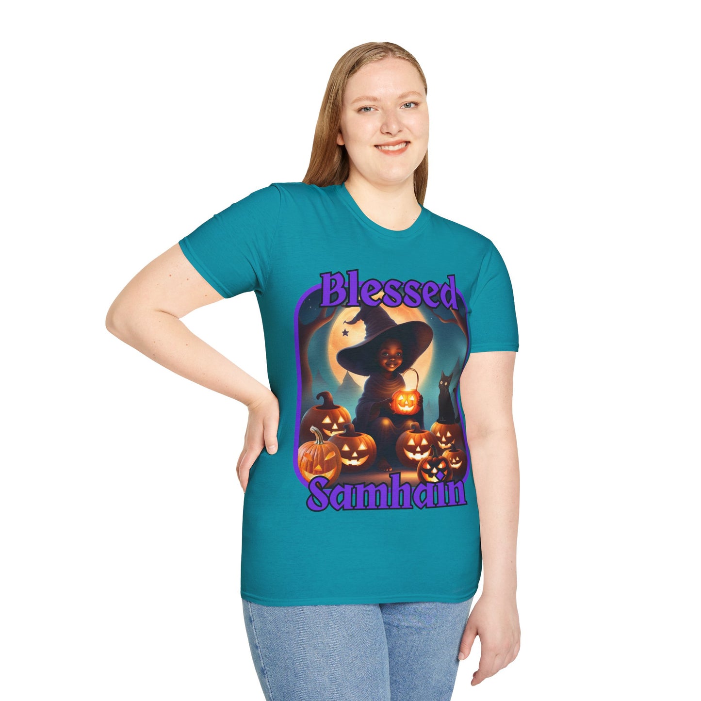 Blessed Samhain Cute Witch Purple font Dark colors Unisex T-Shirt by CreepyCrafts.boo