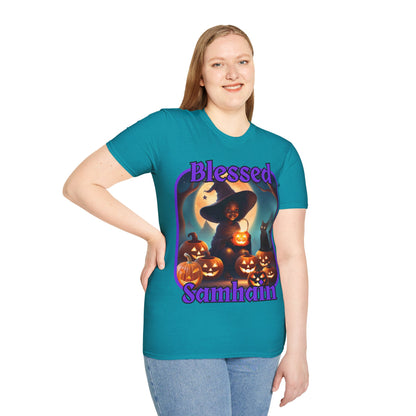 Blessed Samhain Cute Witch Purple font Dark colors Unisex T-Shirt by CreepyCrafts.boo
