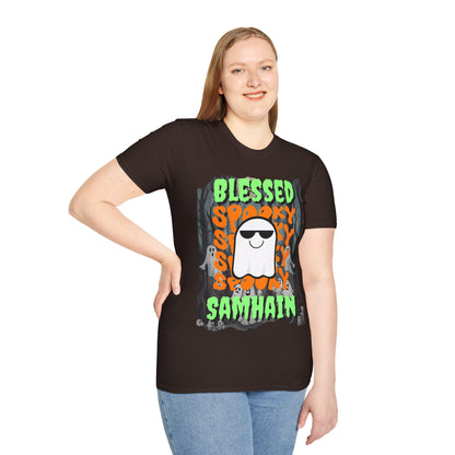 Spooky Blessed Samhain Ghost Green font Unisex T-Shirt by CreepyCrafts.boo