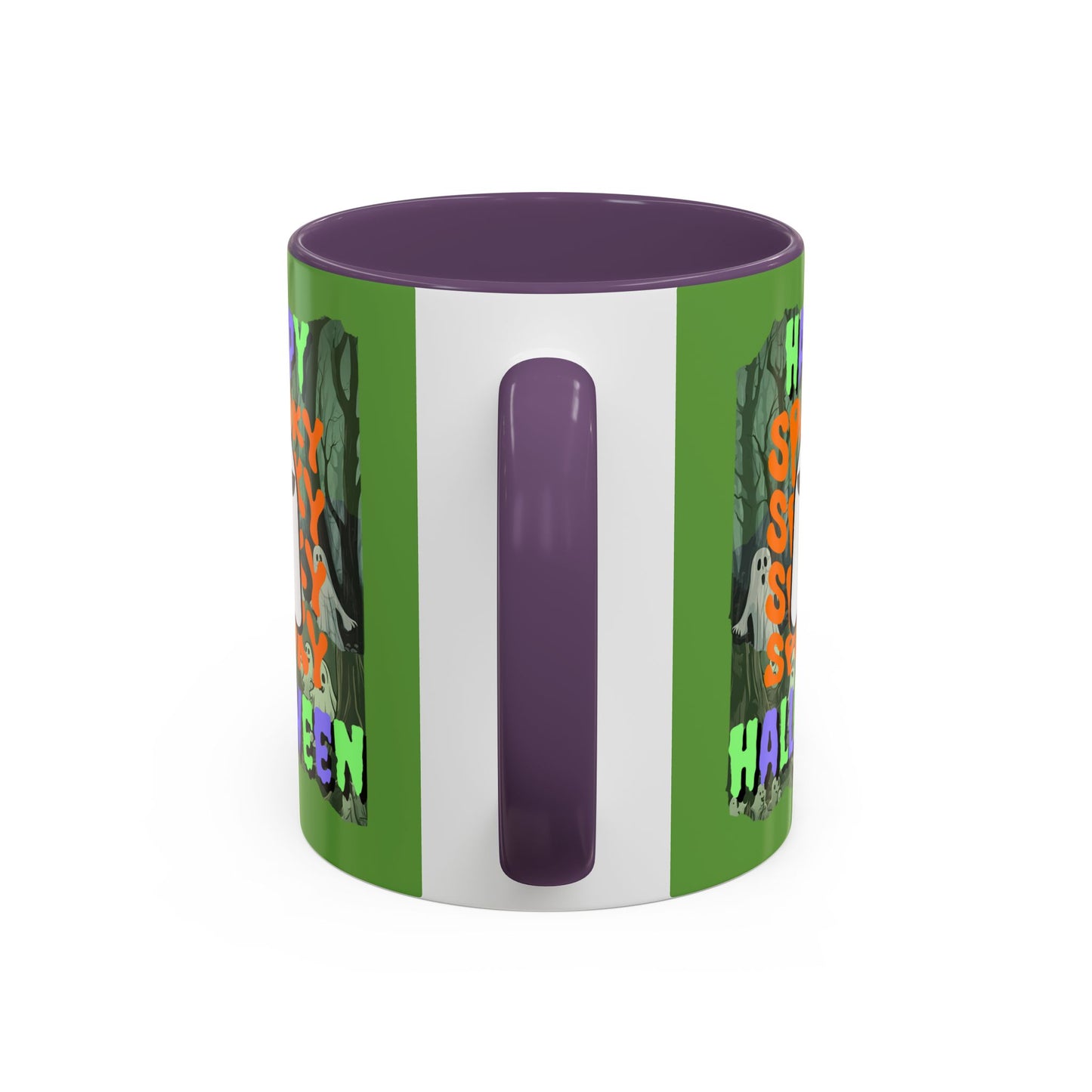 Spooky Happy Halloween Ghost Mixed font Green Accent Mug by CreepyCrafts.boo