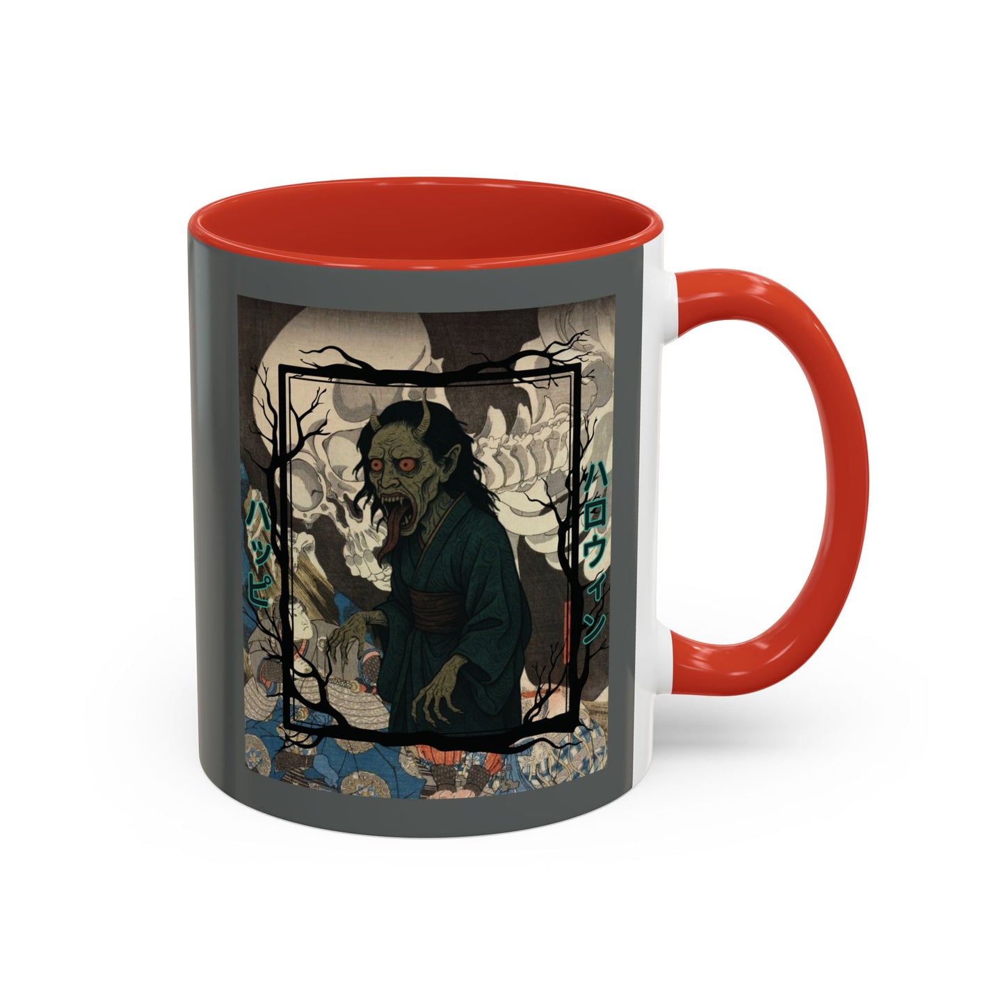 Yōkai Happy Halloween Grey Accent Mug by CreepyCrafts.boo