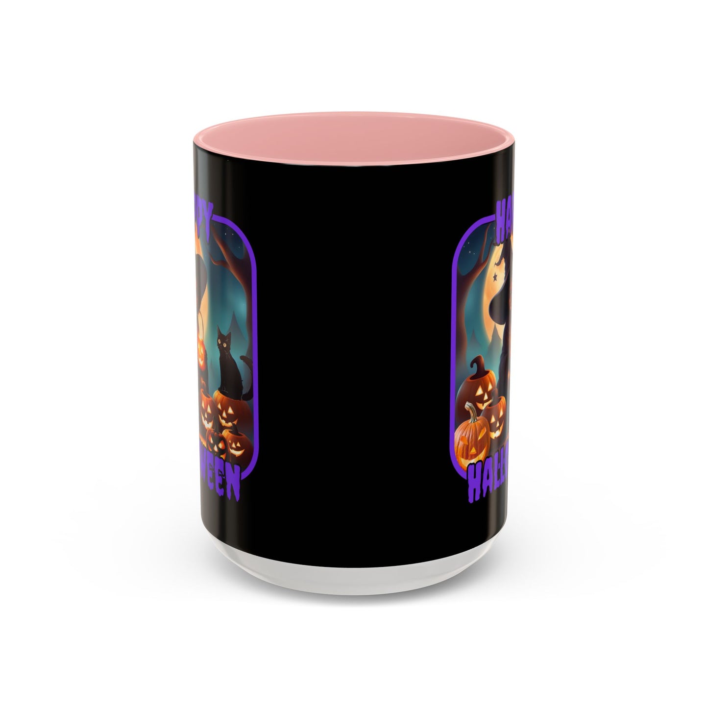 Happy Halloween Cute Witch Purple font Black Accent Mug by CreepyCrafts.boo
