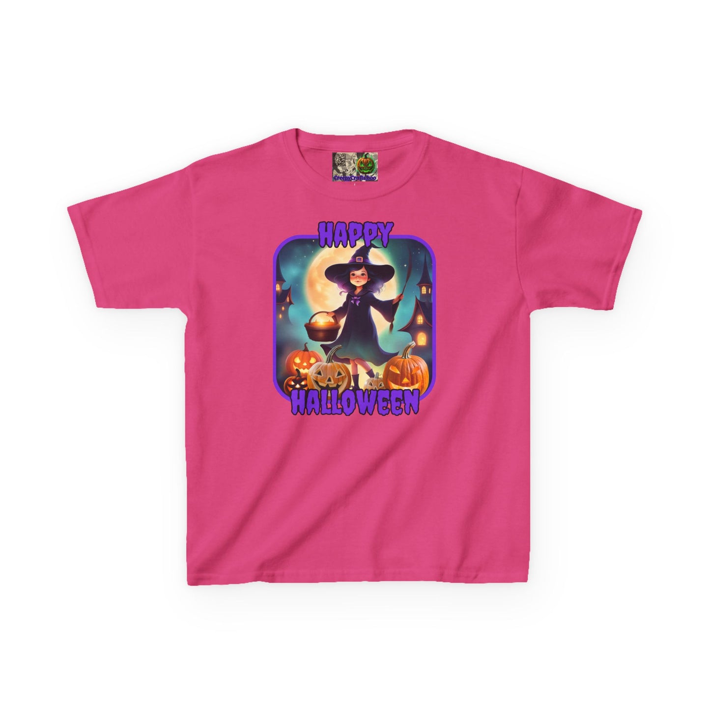 Happy Halloween Little Witch Purple font Kids Heavy Cotton™ Tee by CreepyCrafts.boo