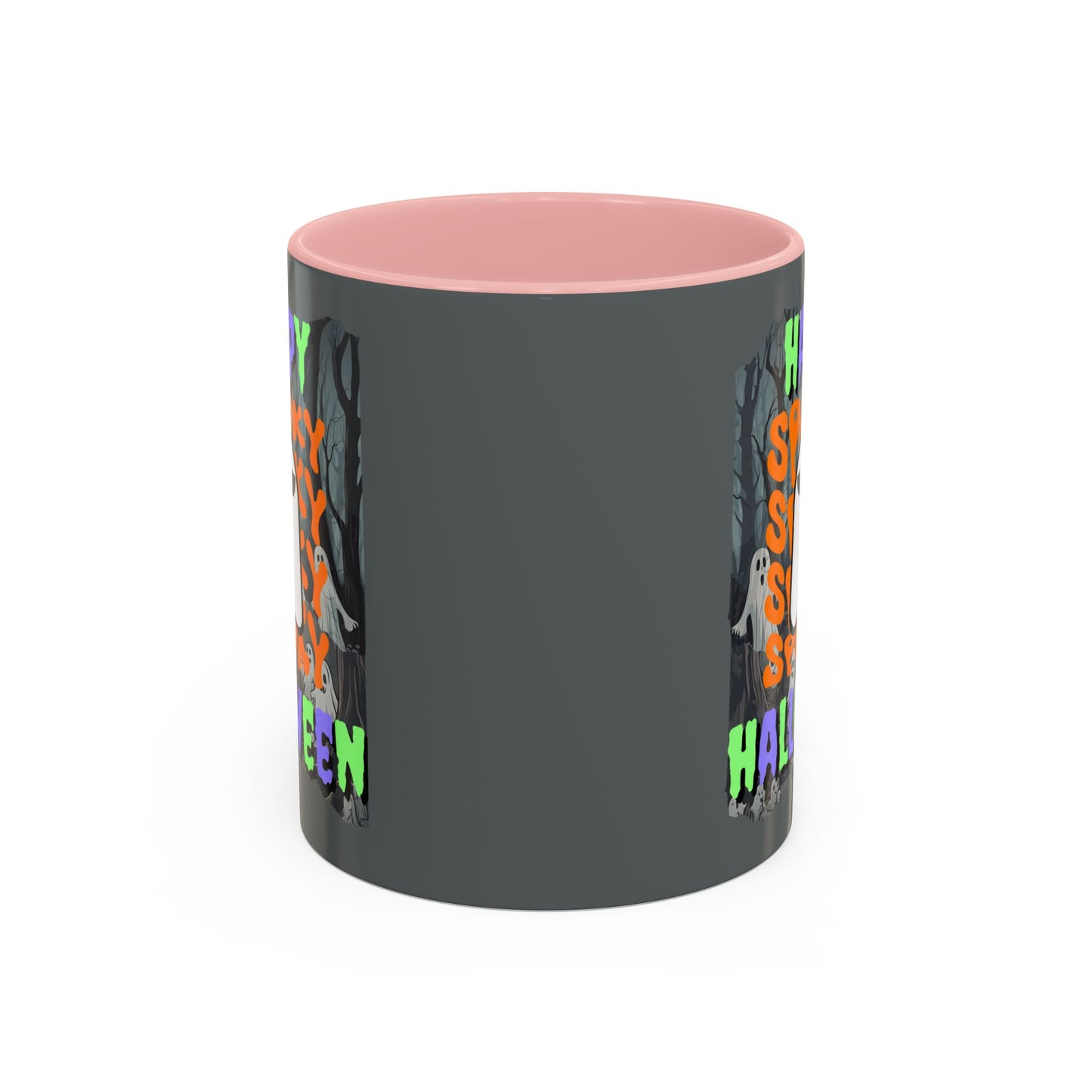 Spooky Happy Halloween Ghost Mixed font Grey Accent Mug by CreepyCrafts.boo