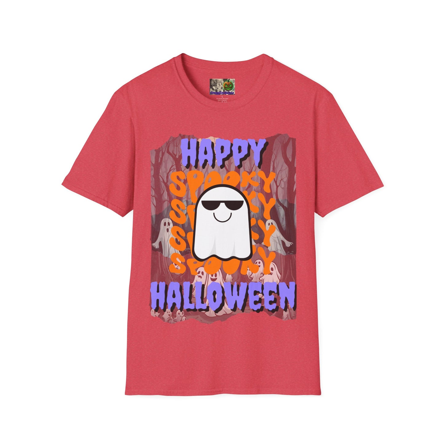 Spooky Happy Halloween Ghost Light colors Purple font Unisex T-Shirt by CreepyCrafts.boo