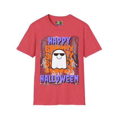 Spooky Happy Halloween Ghost Light colors Purple font Unisex T-Shirt by CreepyCrafts.boo