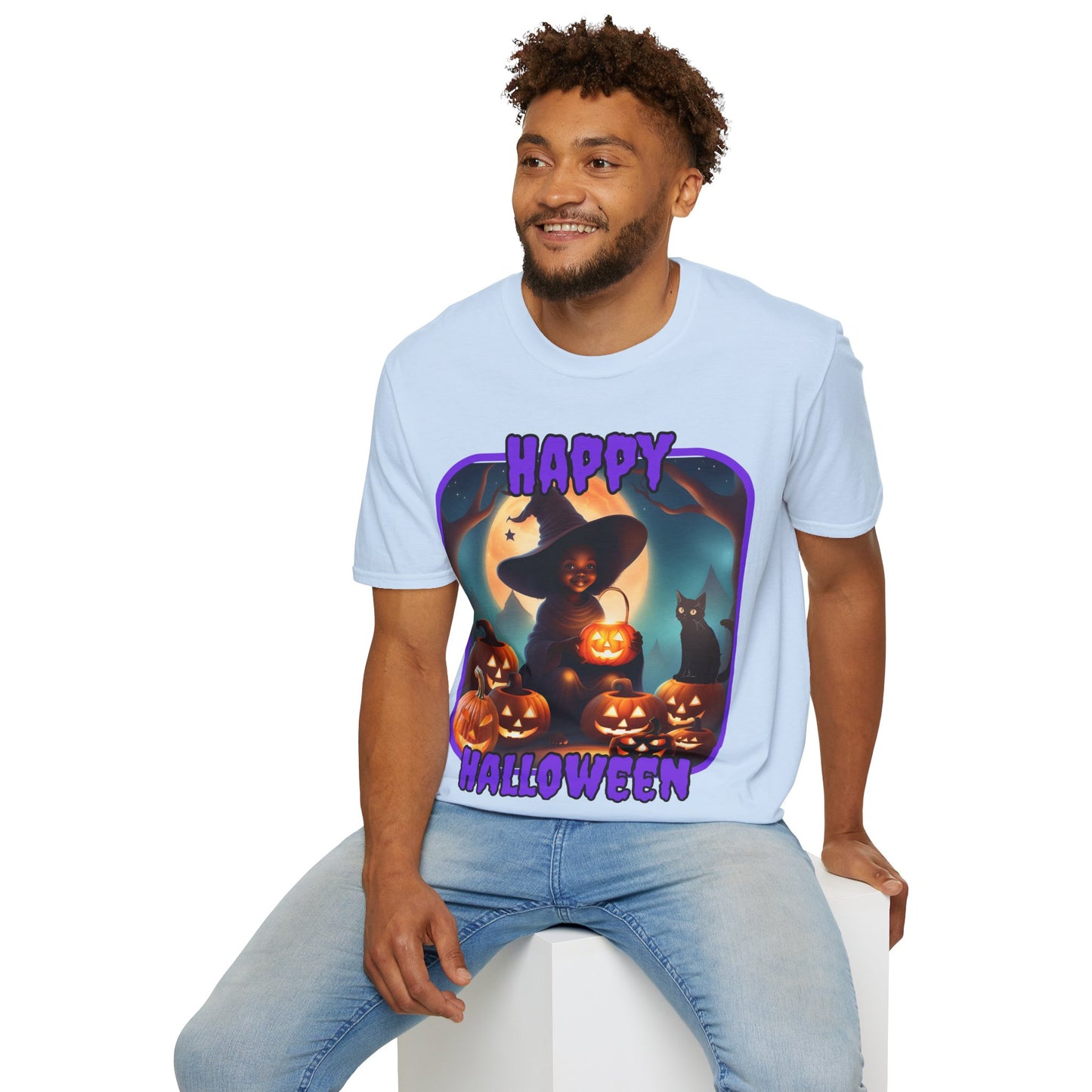 Happy Halloween Cute Witch Purple font Light colors Unisex T-Shirt by CreepyCrafts.boo