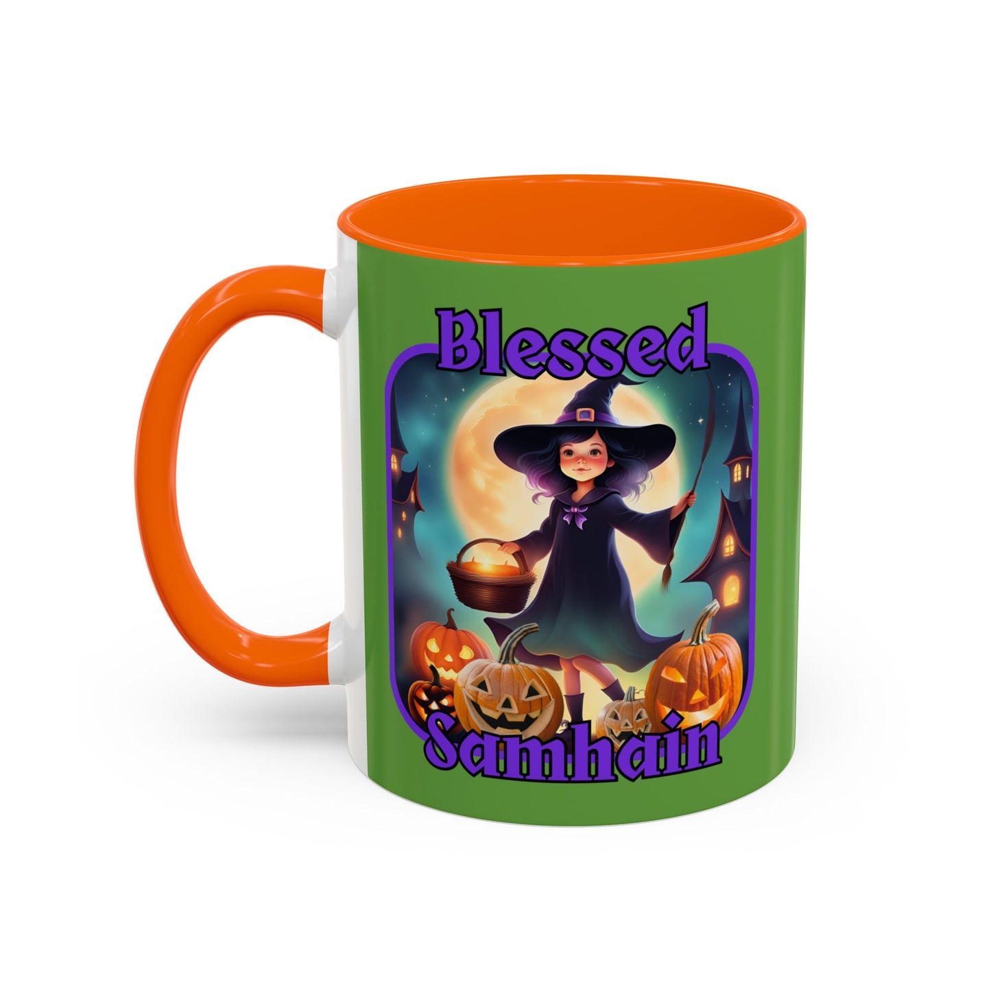 Blessed Samhain Little Witch Purple font Green Accent Mug by CreepyCrafts.boo