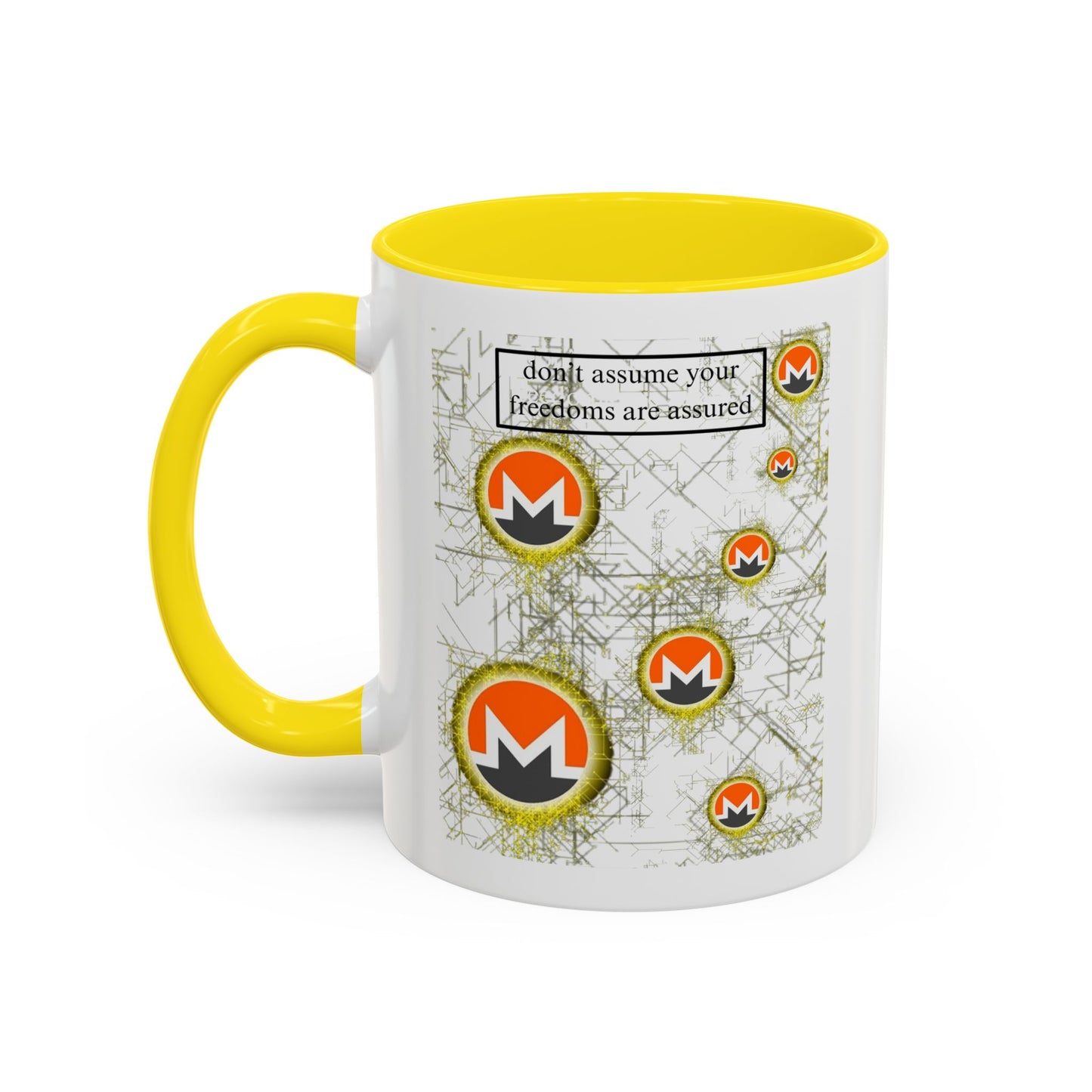 Monero (XMR) don't assume your freedoms are assured White Accent Mug by cypherpunkgear.com