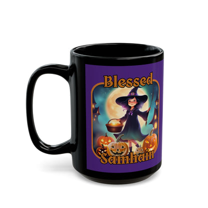 Blessed Samhain Little Witch Orange font Purple Mug by CreepyCrafts.boo