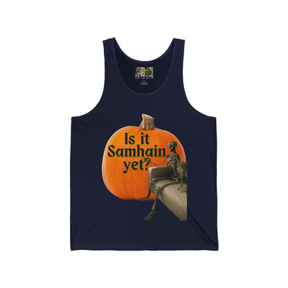 Is It Samhain Yet? Skeleton's Giant Pumpkin Unisex Jersey Tank Top by CreepyCrafts.boo