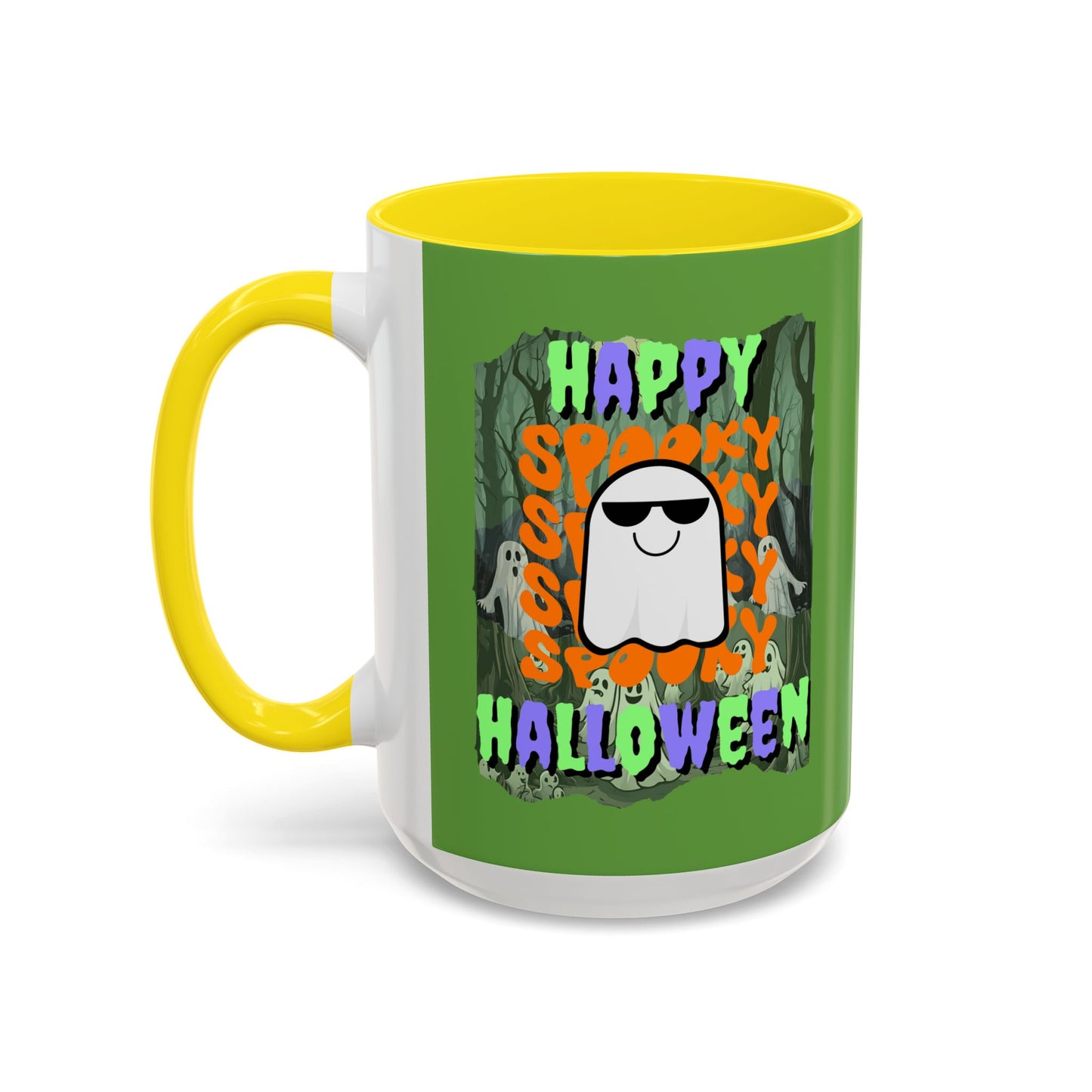 Spooky Happy Halloween Ghost Mixed font Green Accent Mug by CreepyCrafts.boo