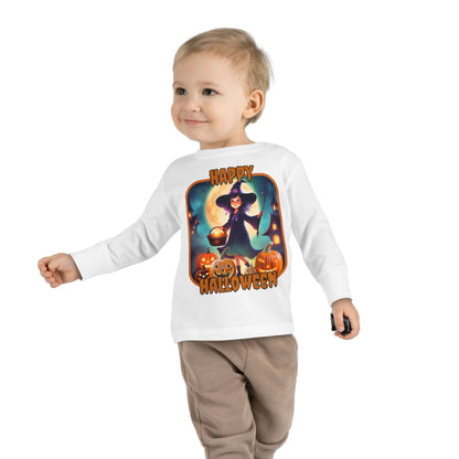 Happy Halloween Little Witch Orange font Toddler Long Sleeve Tee by CreepyCrafts.boo