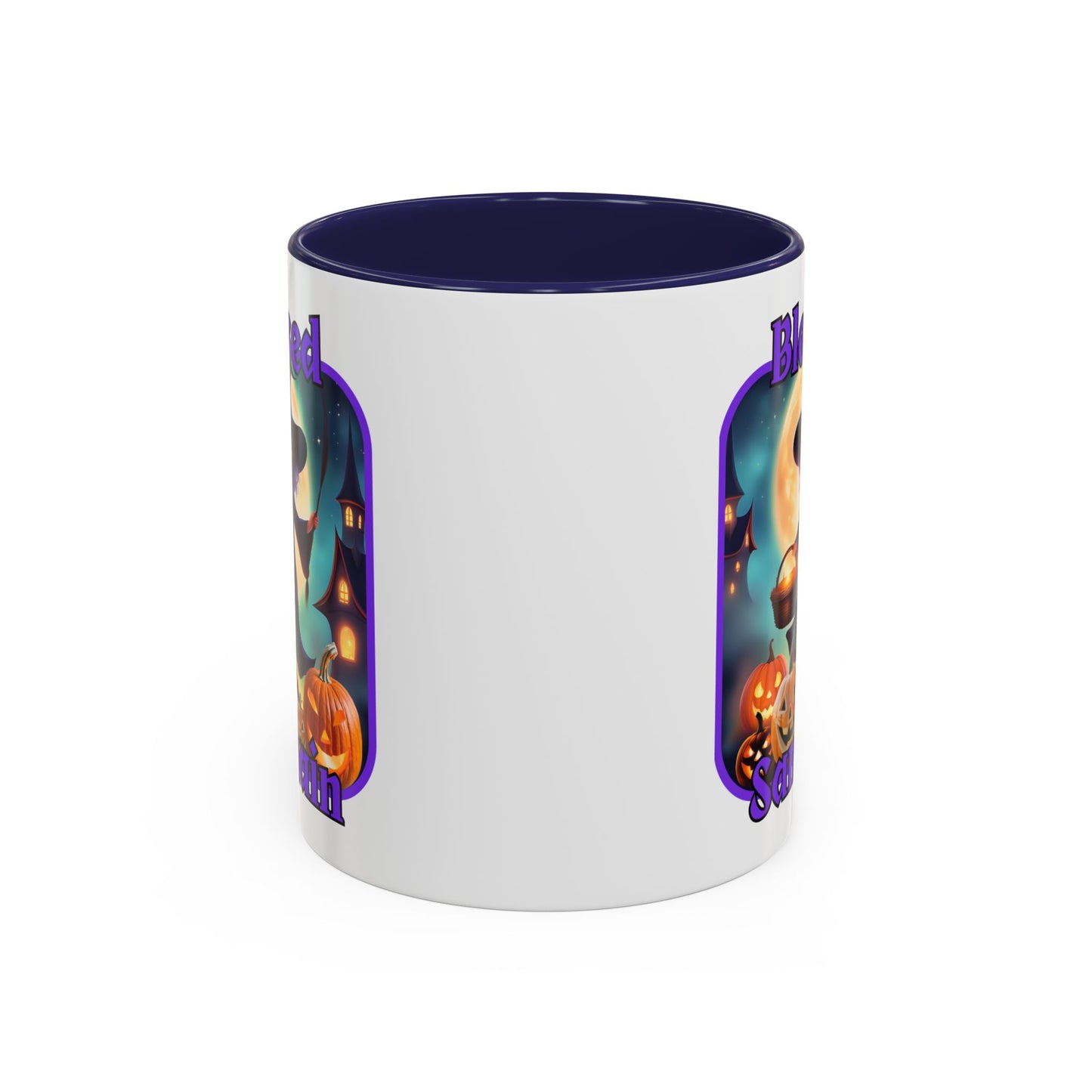 Blessed Samhain Little Witch Purple font White Accent Mug by CreepyCrafts.boo