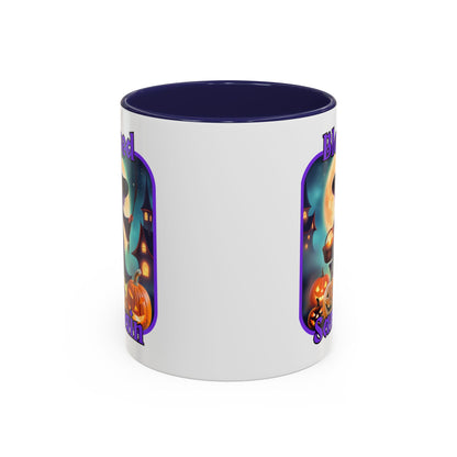 Blessed Samhain Little Witch Purple font White Accent Mug by CreepyCrafts.boo