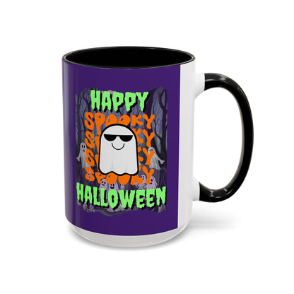 Spooky Happy Halloween Ghost Green font Purple Accent Mug by CreepyCrafts.boo
