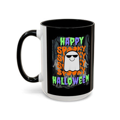 Spooky Happy Halloween Ghost Mixed font Black Accent Mug by CreepyCrafts.boo