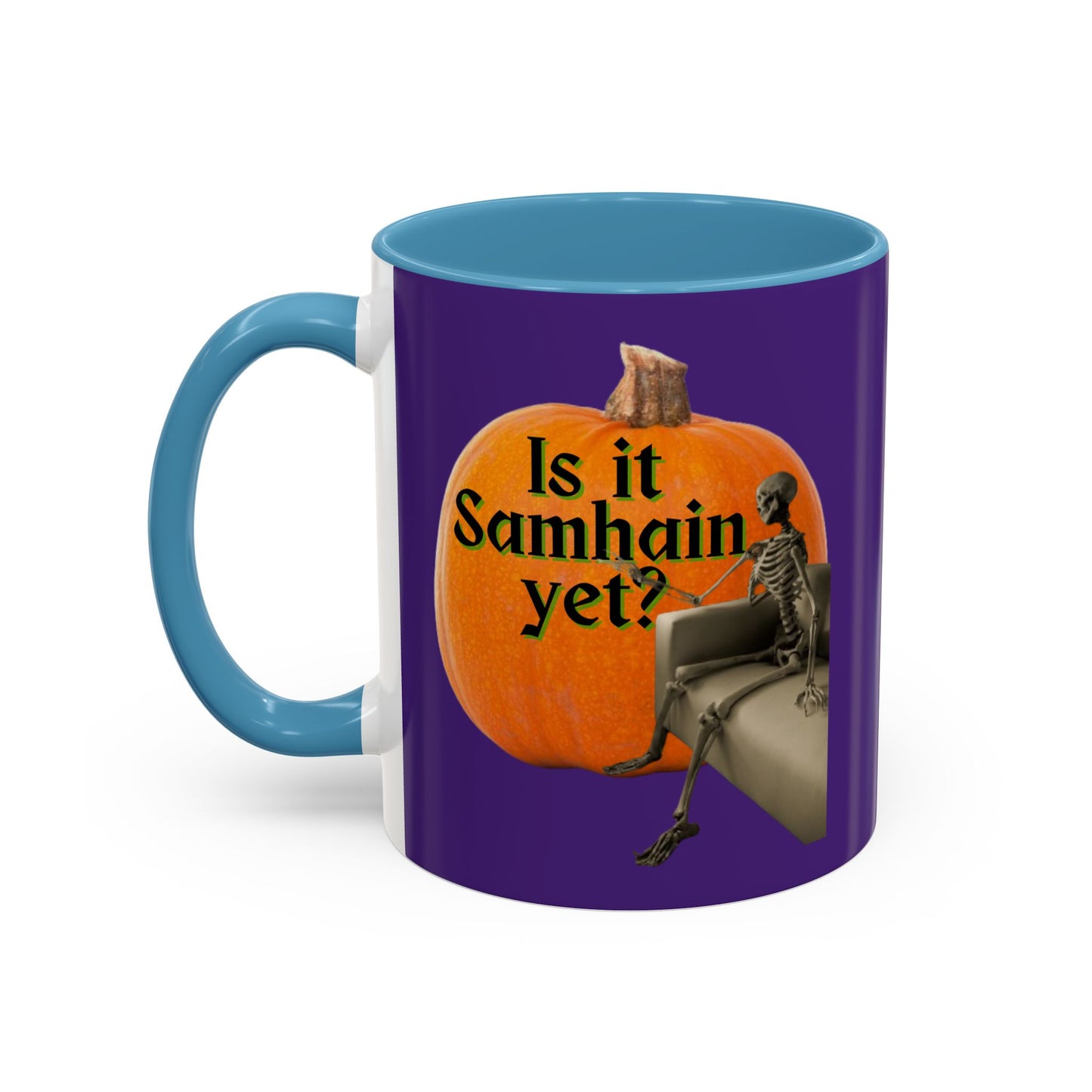 Is It Samhain Yet? Skeleton's Giant Pumpkin Purple Accent Mug by CreepyCrafts.boo