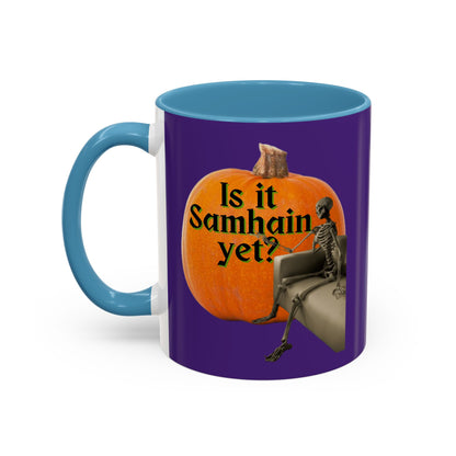 Is It Samhain Yet? Skeleton's Giant Pumpkin Purple Accent Mug by CreepyCrafts.boo