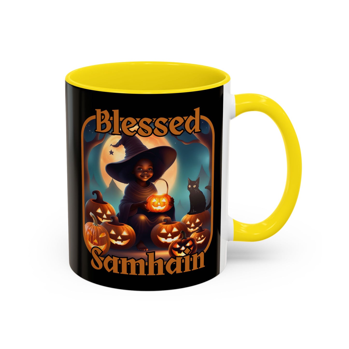 Blessed Samhain Cute Witch Orange font Black Accent Mug by CreepyCrafts.boo