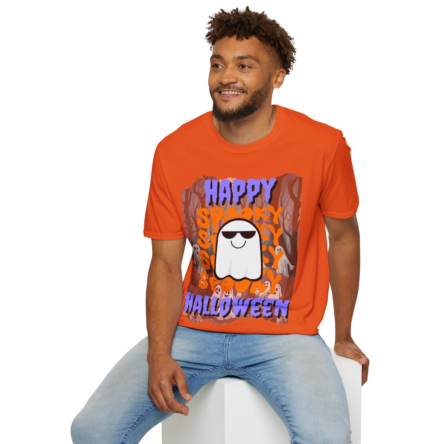 Spooky Happy Halloween Ghost Light colors Purple font Unisex T-Shirt by CreepyCrafts.boo