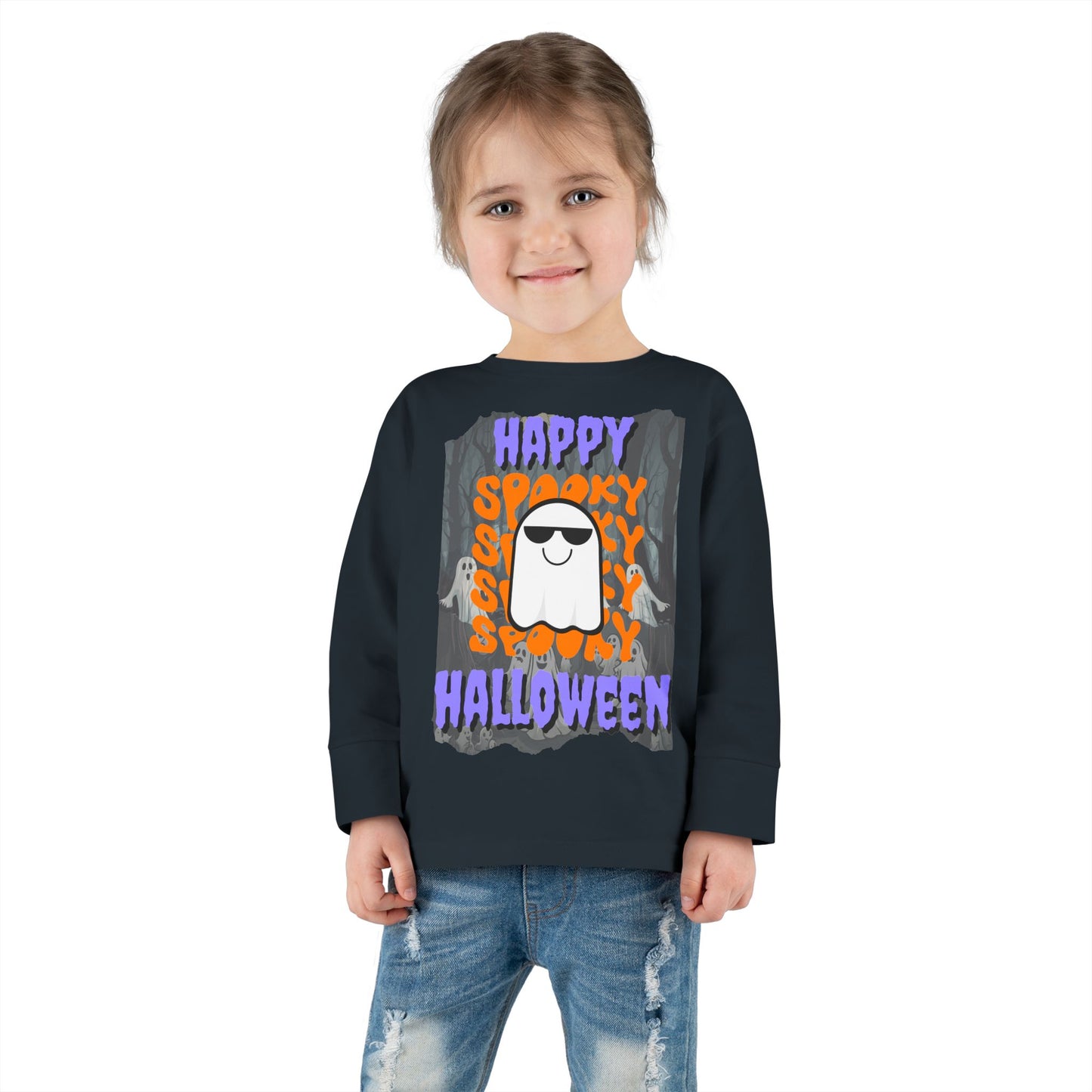 Spooky Happy Halloween Ghost Purple font Toddler Long Sleeve Tee by CreepyCrafts.boo