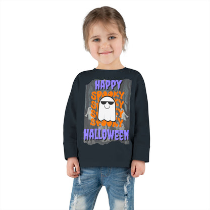 Spooky Happy Halloween Ghost Purple font Toddler Long Sleeve Tee by CreepyCrafts.boo