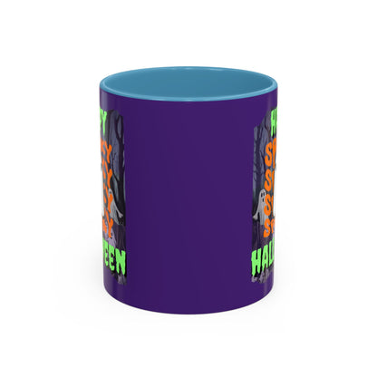 Spooky Happy Halloween Ghost Green font Purple Accent Mug by CreepyCrafts.boo