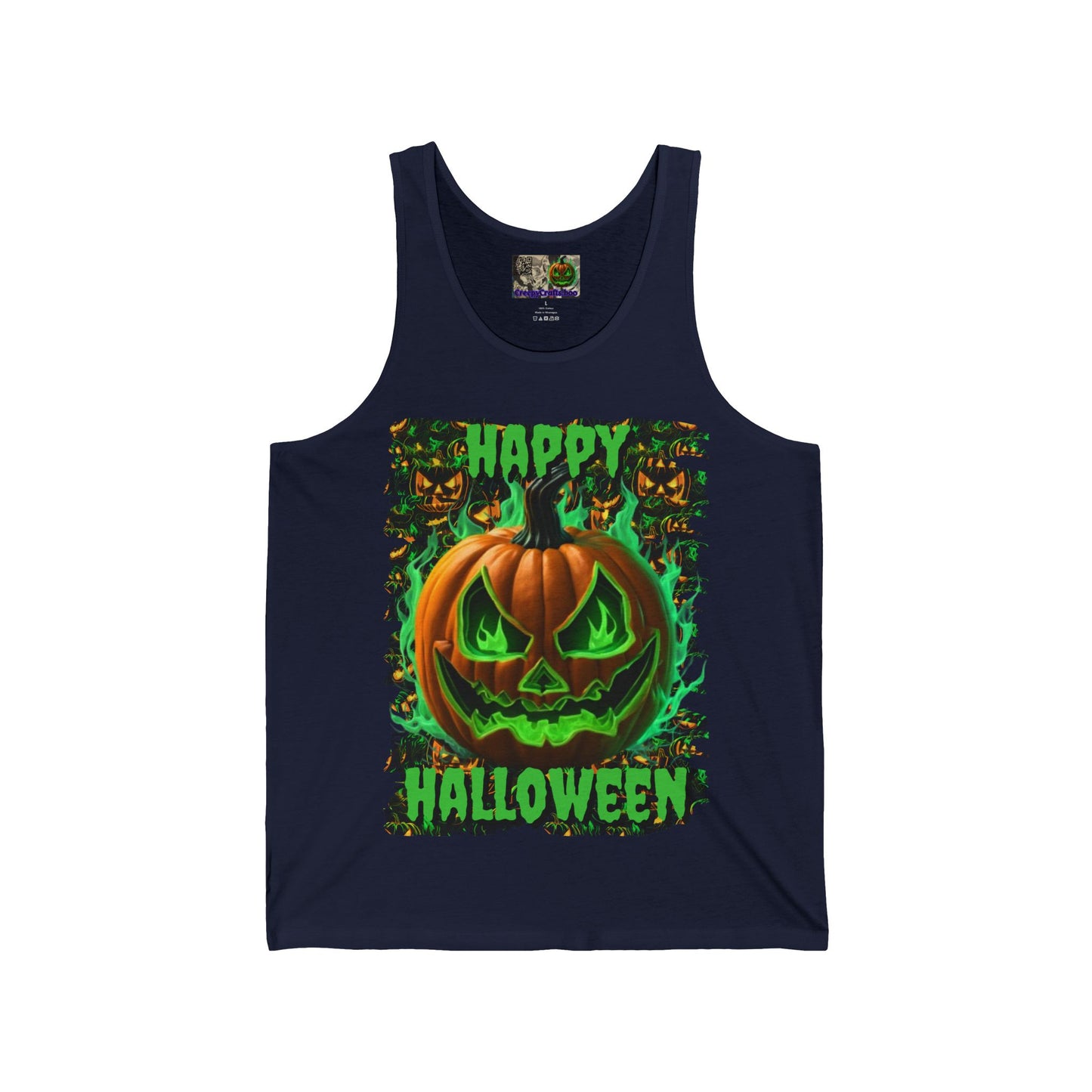 Happy Halloween Green Jack Unisex Jersey Tank Top by CreepyCrafts.boo
