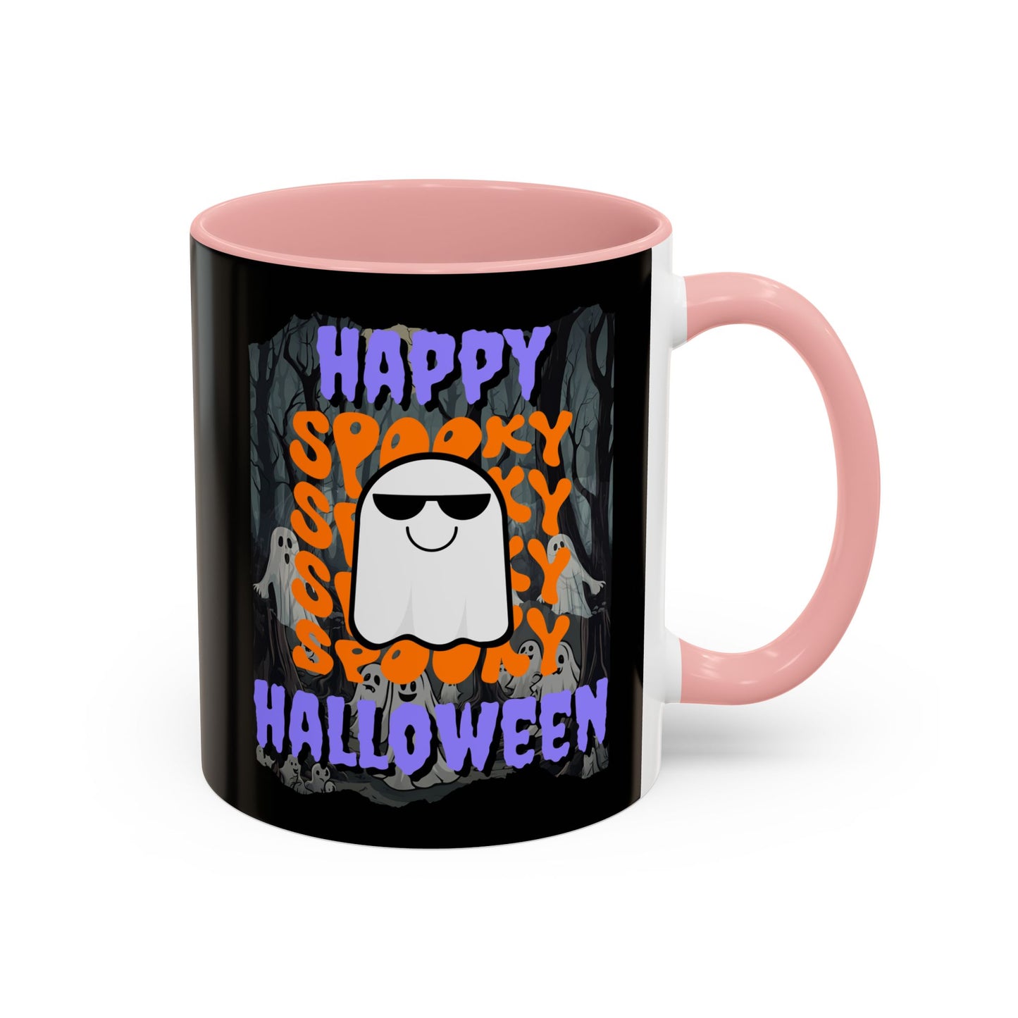 Spooky Happy Halloween Ghost Purple font Black Accent Mug by CreepyCrafts.boo