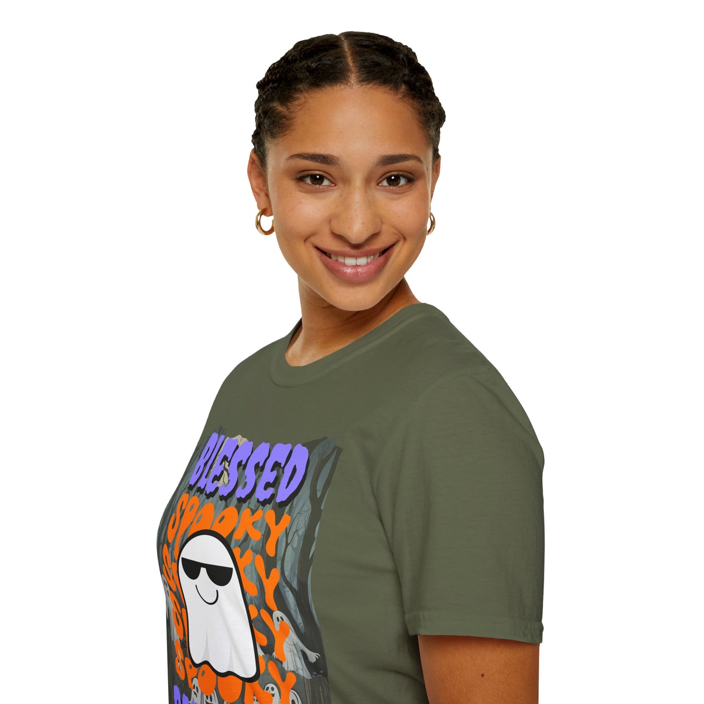 Spooky Blessed Samhain Ghost Purple font Unisex T-Shirt by CreepyCrafts.boo