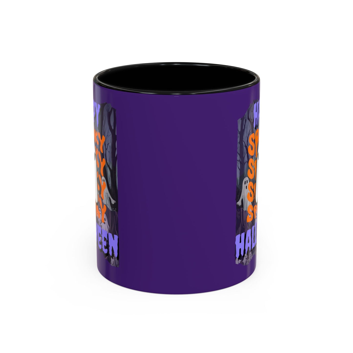 Spooky Happy Halloween Ghost Purple font Purple Accent Mug by CreepyCrafts.boo