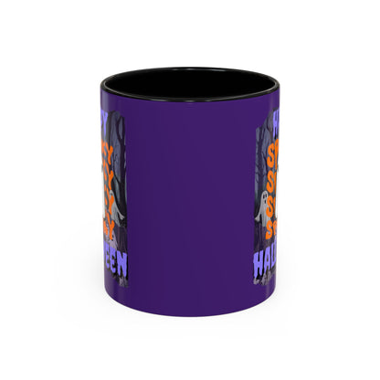 Spooky Happy Halloween Ghost Purple font Purple Accent Mug by CreepyCrafts.boo