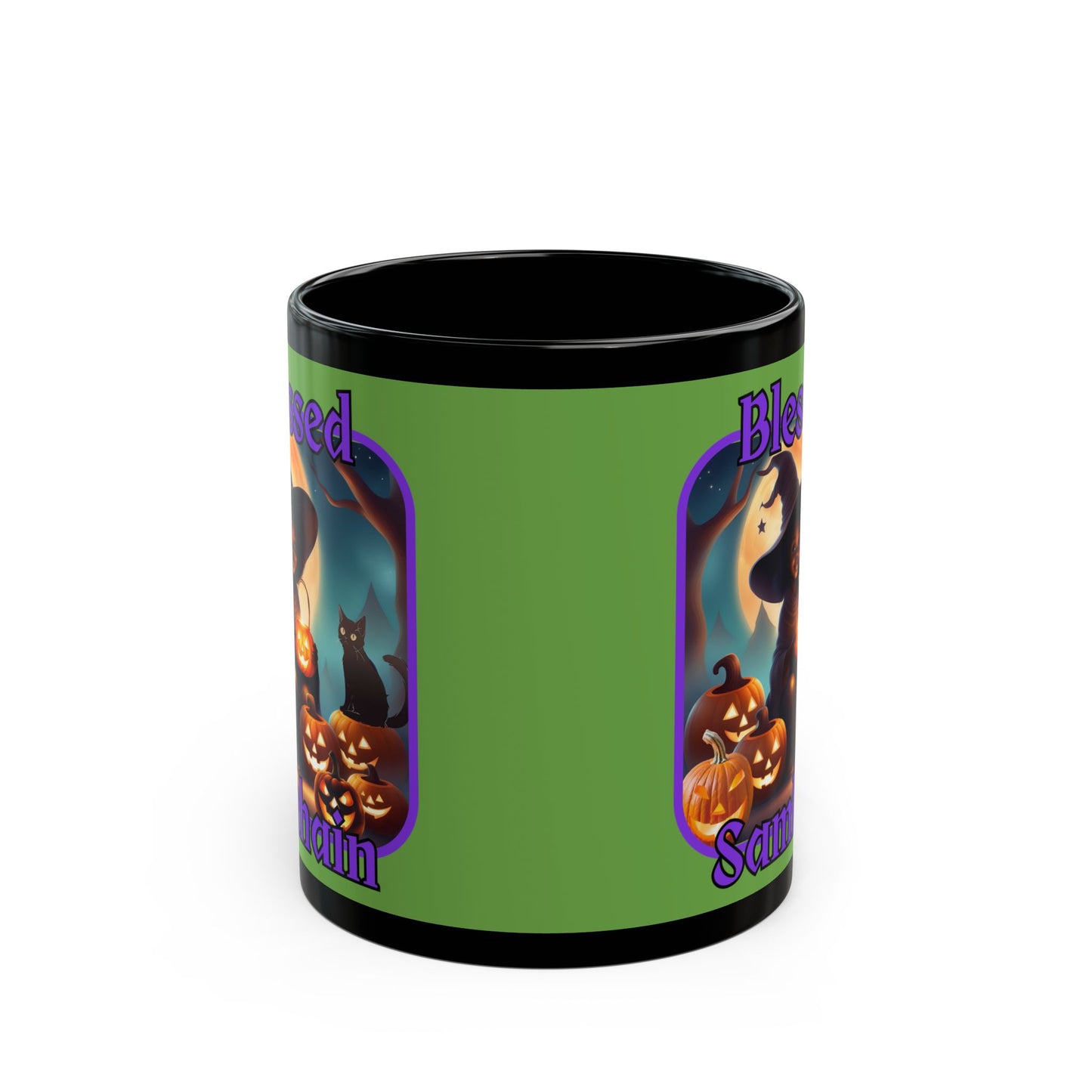 Blessed Samhain Cute Witch Purple font Green Mug by CreepyCrafts.boo