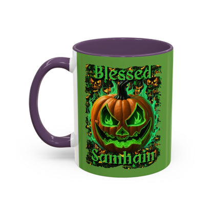 Blessed Samhain Green Jack Green Accent Mug by CreepyCrafts.boo