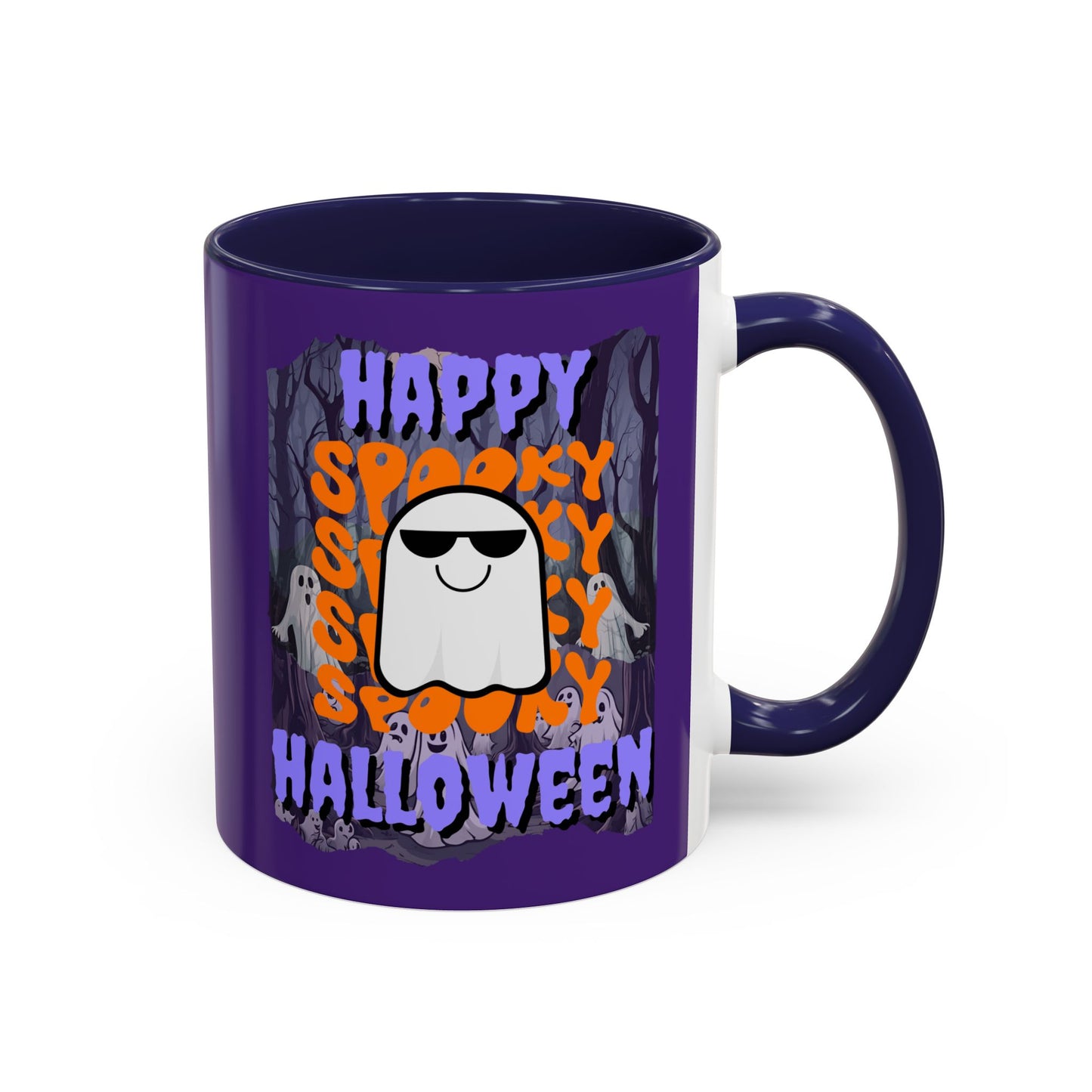 Spooky Happy Halloween Ghost Purple font Purple Accent Mug by CreepyCrafts.boo